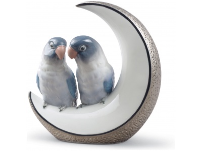 Fly Me to The Moon Birds Figurine. Silver Lustre