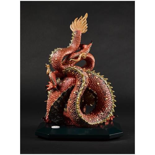 Protective Dragon Sculpture. Golden Luster and Red. Limited Edition 7