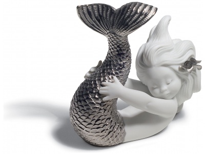 Playing at Sea Mermaid Figurine. Silver Lustre