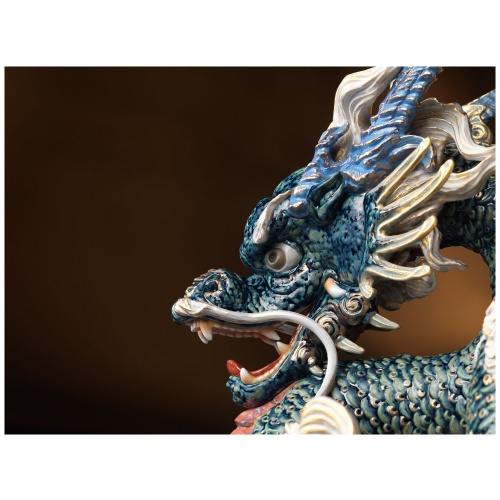 Great Dragon Sculpture. Golden Lustre and Blue. Limited Edition 7