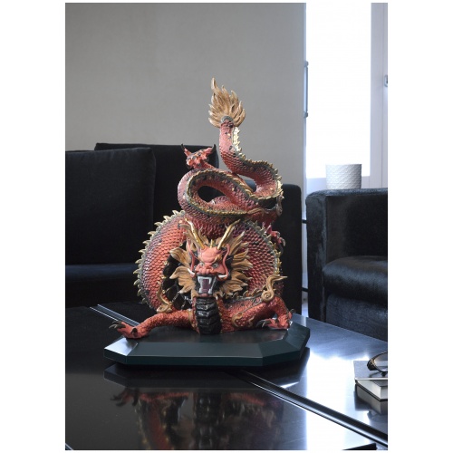 Protective Dragon Sculpture. Golden Luster and Red. Limited Edition 10