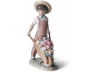 Wheelbarrow with Flowers Boy Figurine