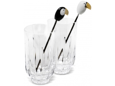 Toucan 2 tall Crystal Glasses + 2 Stirrers Set. Golden Luster