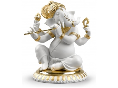 Bansuri Ganesha Figurine. Golden Lustre