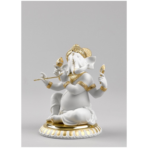 Bansuri Ganesha Figurine. Golden Lustre 10