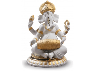 Mridangam Ganesha Figurine. Golden Lustre