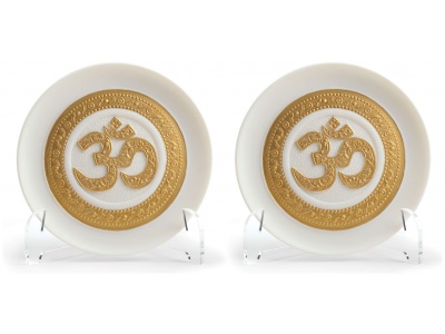 Om Decorative Plates. Set of 2. Golden Lustre