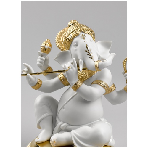 Bansuri Ganesha Figurine. Golden Lustre 7