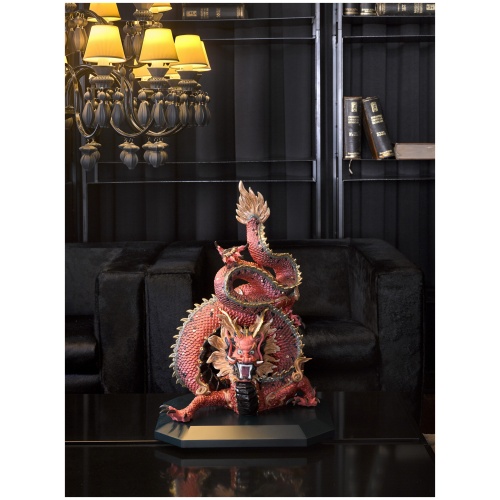 Protective Dragon Sculpture. Golden Luster and Red. Limited Edition 8