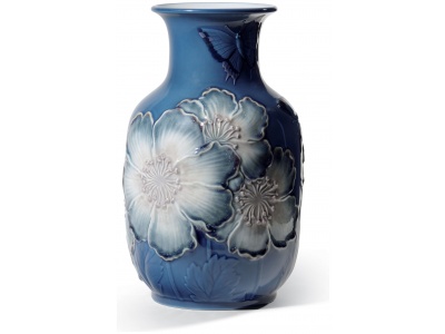 Poppy Flowers Tall Vase. Blue. Limited Edition