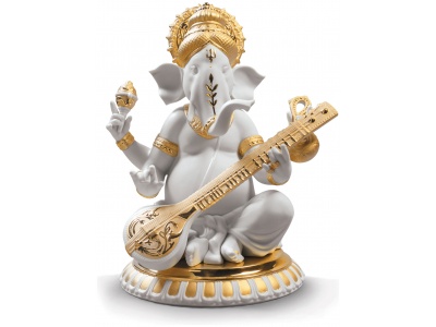 Veena Ganesha Figurine. Golden Lustre