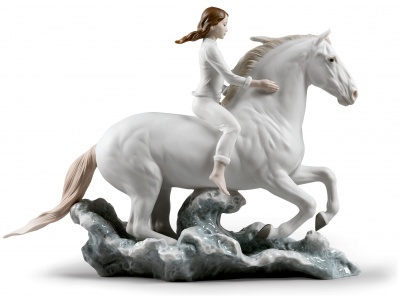 Riding her horse on the seashore Horse & Woman Figurine