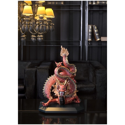 Protective Dragon Sculpture. Golden Luster and Red. Limited Edition 11