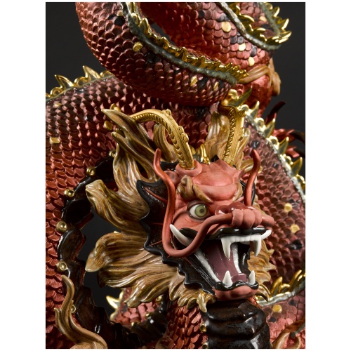 Protective Dragon Sculpture. Golden Luster and Red. Limited Edition 6