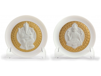 Goddes Lakshmi and Lord Ganesha Decorative Plates Set. Golden Lustre