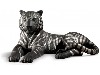 Tiger Figurine. Silver Lustre and Black