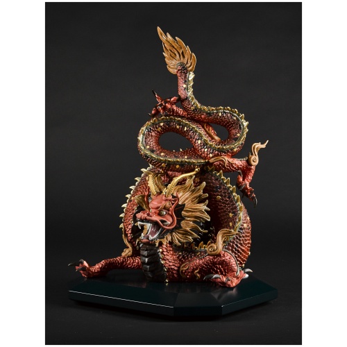 Protective Dragon Sculpture. Golden Luster and Red. Limited Edition 5