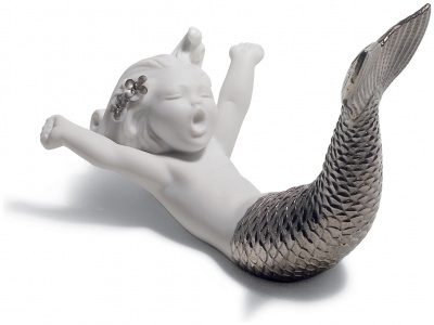 Walking Up at Sea Mermaid Figurine. Silver Lustre