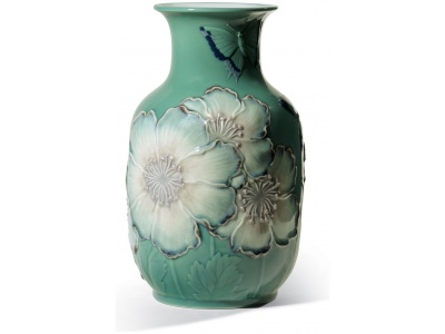 Poppy Flowers Tall Vase. Green. Limited Edition